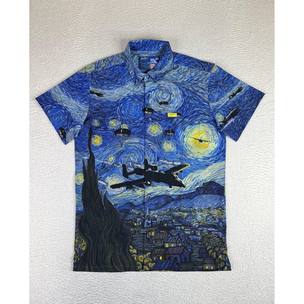 Retro Rifle Shirt Mens Medium Blue Starry Night Flight S/S Button Up Graphic